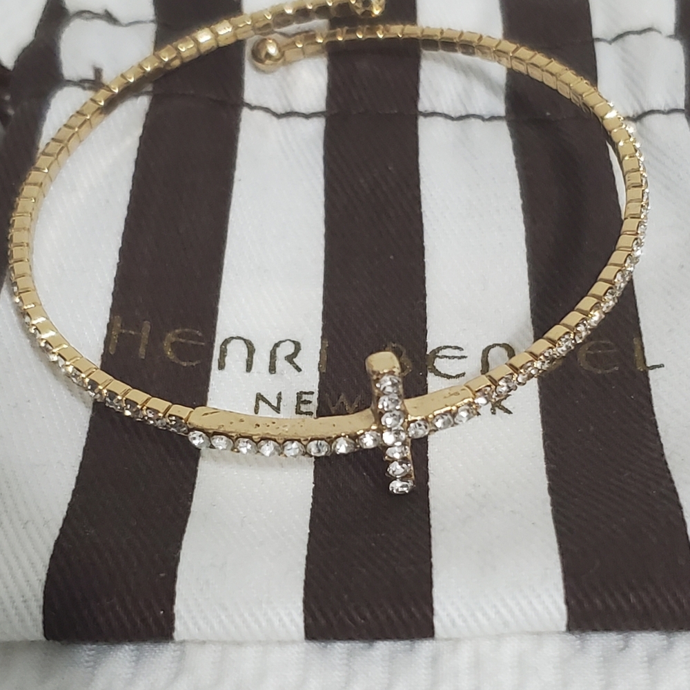Henri Bendel Goldtone Cross Open Bangle Bracelet with Crystal Detail